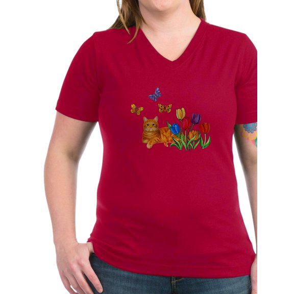 CafePress - Orange Cat In Tulips T Shirt - Women's V-Neck Dark T-Shirt