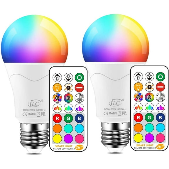 iLC LED Light Bulb 85W Equivalent, Color Changing Light Bulbs with Remote Control RGB 6 Modes, Timing, Sync, Dimmable E26 Screw Base (2 Pack)