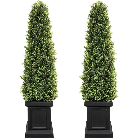 3.5ft Boxwood Outdoor Topiary Set of 2, Tall  Year Green   Topiary Trees Artificial Outdoor Porch Trees with Sturdy Pot for Outdoor Indoor (Square)