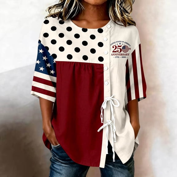 Huowey Summer Blouse For Women 4Th Of July Casual Short Sleeve Crewneck Button Down Tie Front Top Independence Day Patriotic Graphic Flower Print Three Quarter Sleeve Loose Holiday Tshirts,L