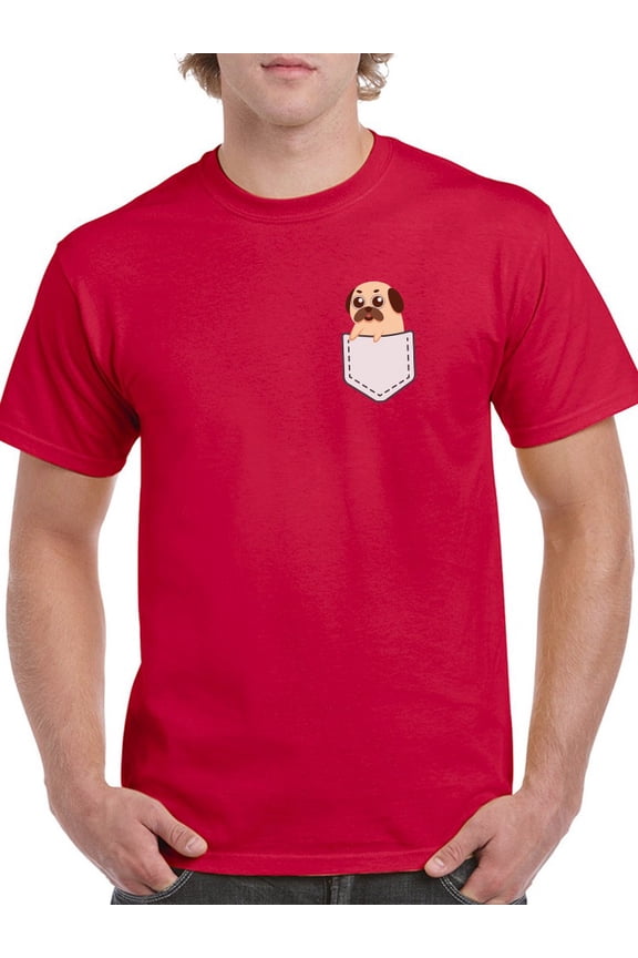 Cute Pug Graphic Pocket At Left Chest Men Red T-Shirt, Male x-Large