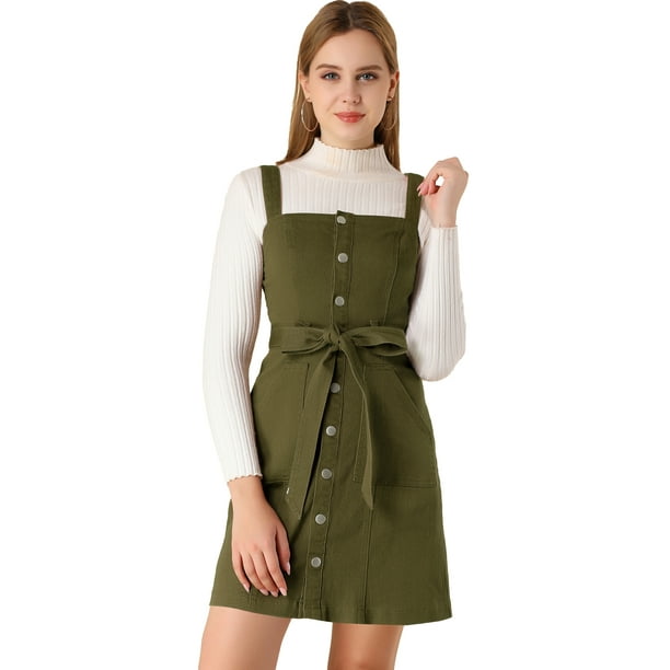Vestido de peto para mujer con tirantes ajustables Vestido de mezclilla general de una línea Ejército verde L