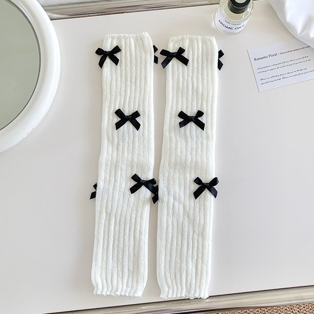 Calcetines de pila para mujer, estilo dulce japonés, bonitos calcetines blancos con lazo, medias finas a juego para niña para primavera y otoño