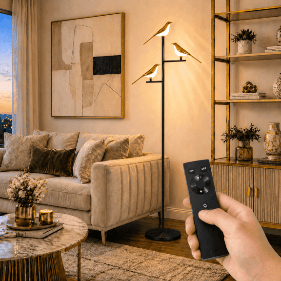 74" Floor Lamp for Living Room,3 Bird Floor Lamp with Remote Control,Dimmable Standing Lamp Tall Pole Lamps for Bedroom,Black,Bulb Included
