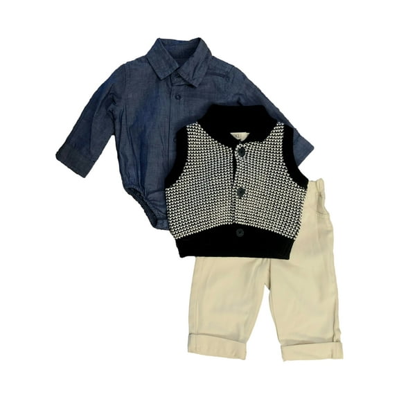 Infant Baby Boys 3 Piece Button up Bodysuit Navy Vest and Pants Outfit 0-3m