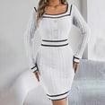 thumbnail image 2 of Ediodpoh Women Autumn Winter Knitted Block Striped Long Sleeve Midi Dress Sweater Dress with Square Neck Buttons White S, 2 of 5