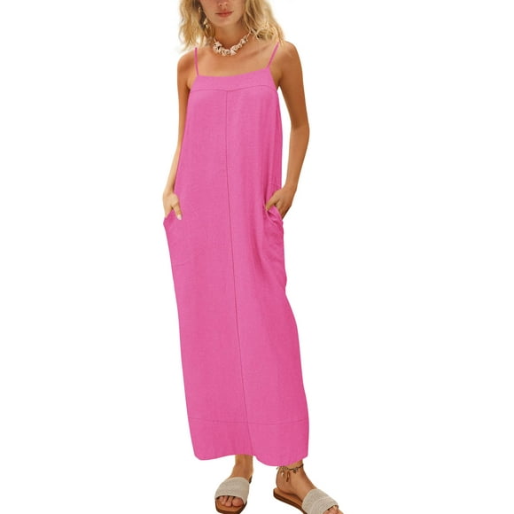 Vestido largo ReachMe de lino con tirantes finos de verano para mujer