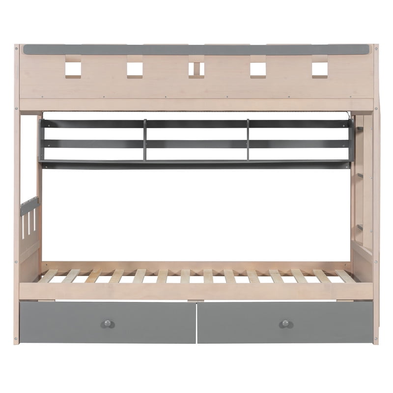 Twin Size Castle-Designed Kids's Bunk Bed with Built-in Ladder & LED Strip, Storage Wooden Bed Frame with 2 Drawers & Shelves