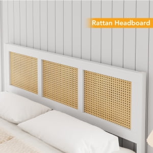 Queen Size Bed Frame with Headboard - Boho Rattan Platform Bed Frame with Reinforced Metal Slats | No Box Spring Required | Sturdy Noise-Free Design for Quiet Sleep | Easy Assembly Modern Bedroom Furn