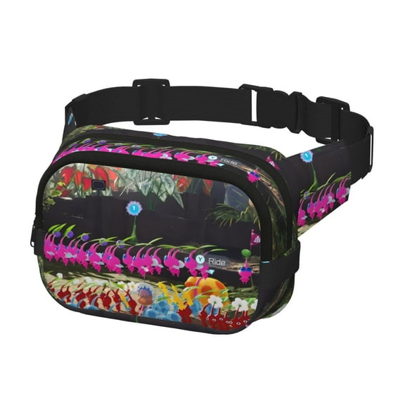 Lsque Pikmin Pattern Square Double Layer Waist Bag, Durable Twill Fabric Waist Pack with Adjustable Belt,Outdoor Hiking, Running, Travel Waist Bag