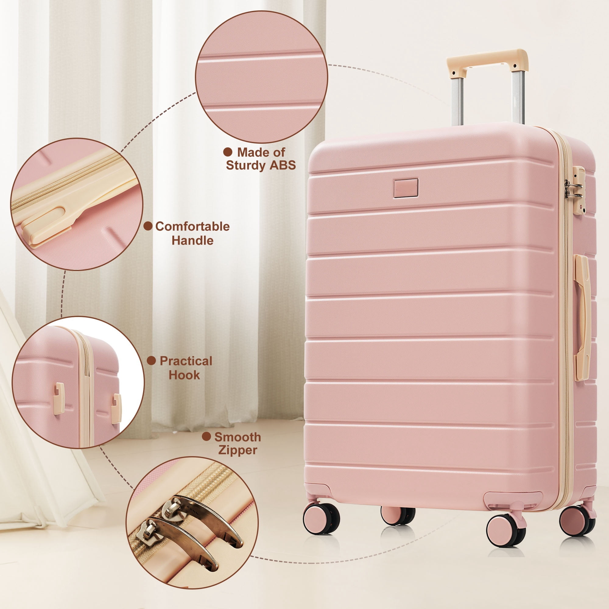 Euroco 6 Piece Luggage Sets, ABS Hardshell Suitcase Set with 2 Bags,Spinner Wheels & TSA Lock, Large Checked Travel Suitcases for Family,16/20/24/28 Inch,Pink