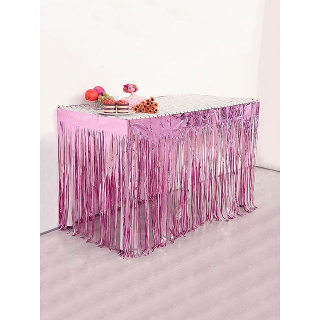 Nvzi Juego de 5 faldas de mesa con flecos de papel metalizado de color rosa oscuro de 29 x 108 pulgadas (9 pies de largo), faldas desechables de oropel para carrozas de desfile,baby shower, boda
