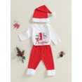 thumbnail image 3 of Baby Toddler Boy Girl Christmas Outfit, 0 3 6 12 18 Months Letter Print Long Sleeve Romper Plush Trim Elastic Waist Pants Santa Hat 3 Piece Clothing Set, 3 of 9