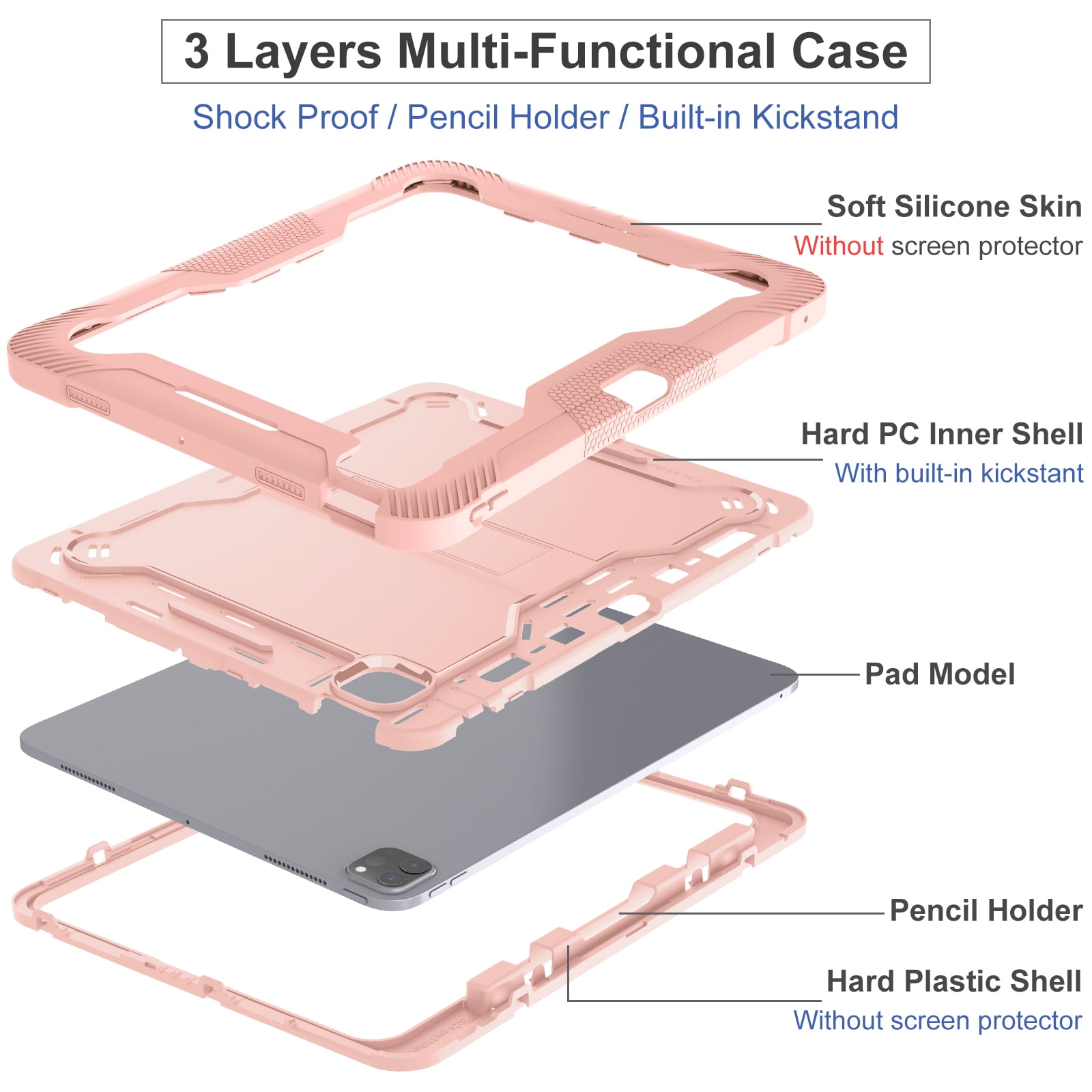Allytechgroup Rugged Shockproof Case for Apple iPad Pro 13 M4 2024, Dual-Layers Kickstand Anti-Scratch Bumper With Pencil Holder Lightweight Kids Friendly Case Cover for iPad Pro 13" 2024, Rosegold