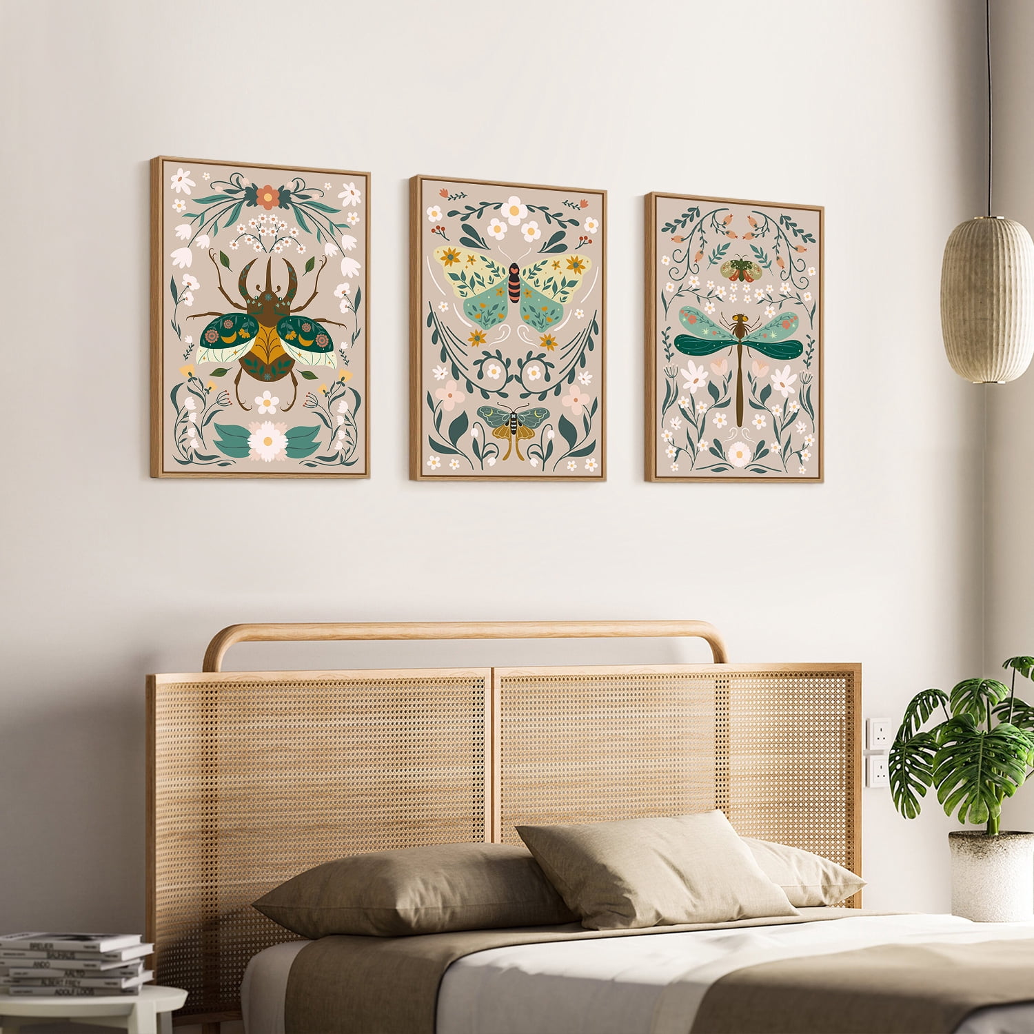 Monarch Butterfly Animals Framed Canvas Wall Art Set, Floral Botanical Bee Wall Decor, Mid Century Modern Wall Painting, Boho Nature Art Print for Living Room Kids Bedroom Office 16"x24"x3