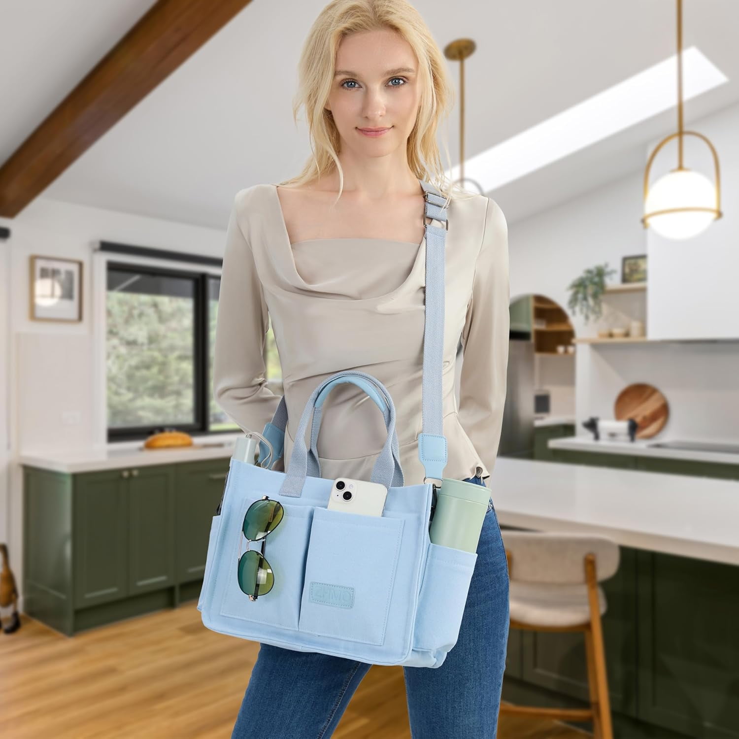 Large Canvas Tote Bag for Women With Pockets,Laptop Crossbody Purses Everything Everyday Bag Handbags for Work Beach