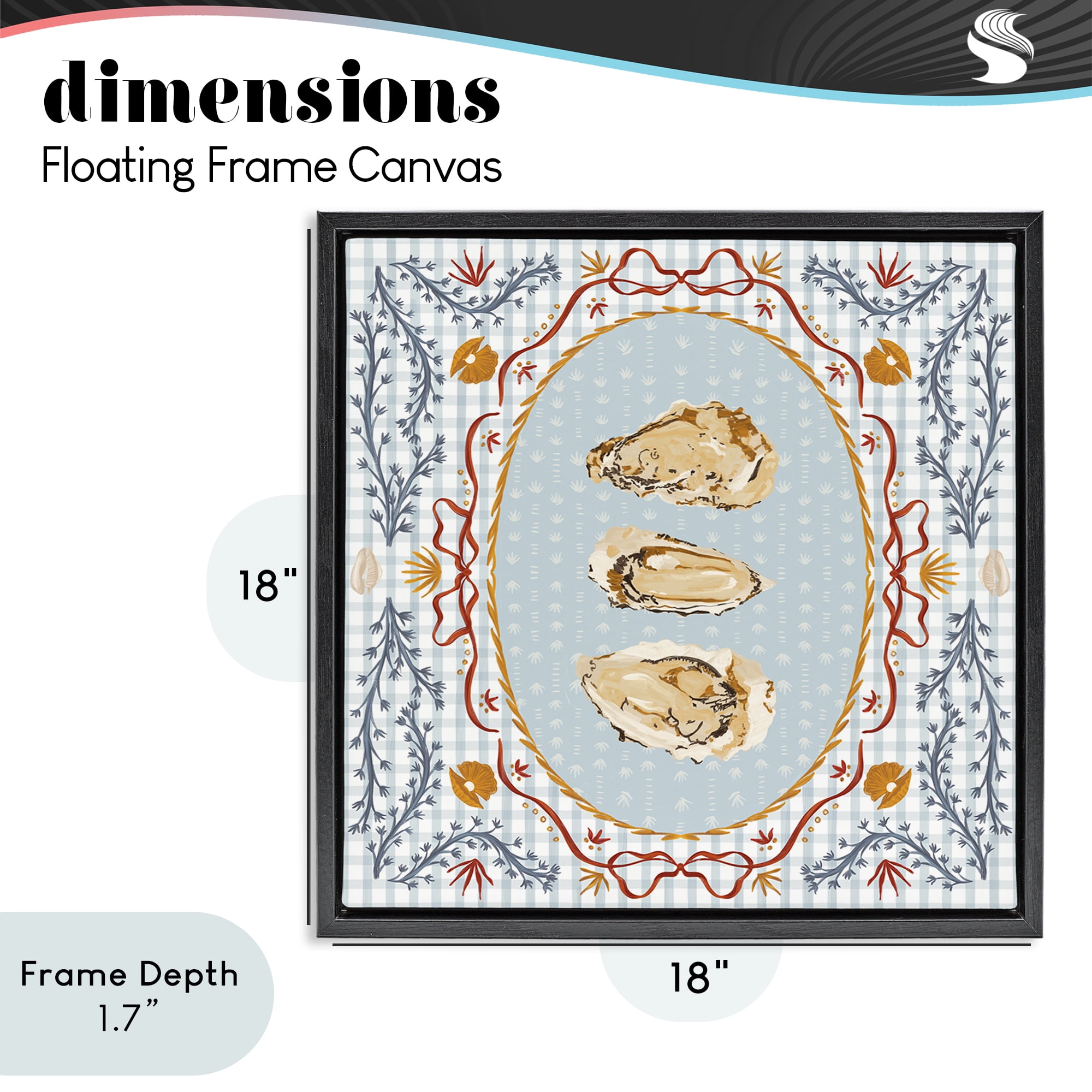 Stupell Industries Oyster Trio on Blue Gingham Black Framed Floater Canvas Wall Art, design by Vero Illustrates