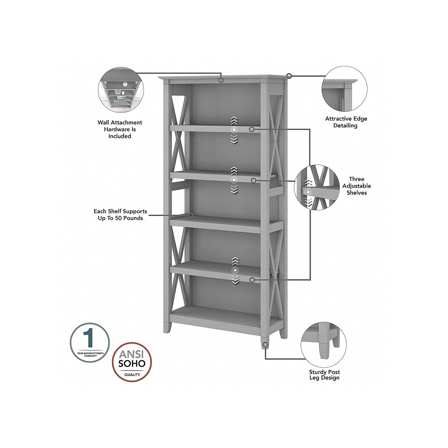 Bush Furniture Key West Tall 5 Shelf Bookcase, Cape Cod Gray