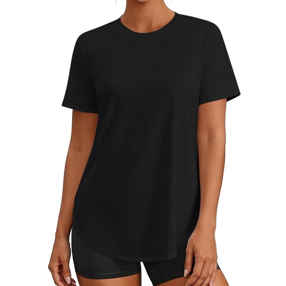 Htigea Women's Workout Tops Short Sleeve Athletic Shirts Quick Dry Running Tee for Exercise Gym Hiking Black S