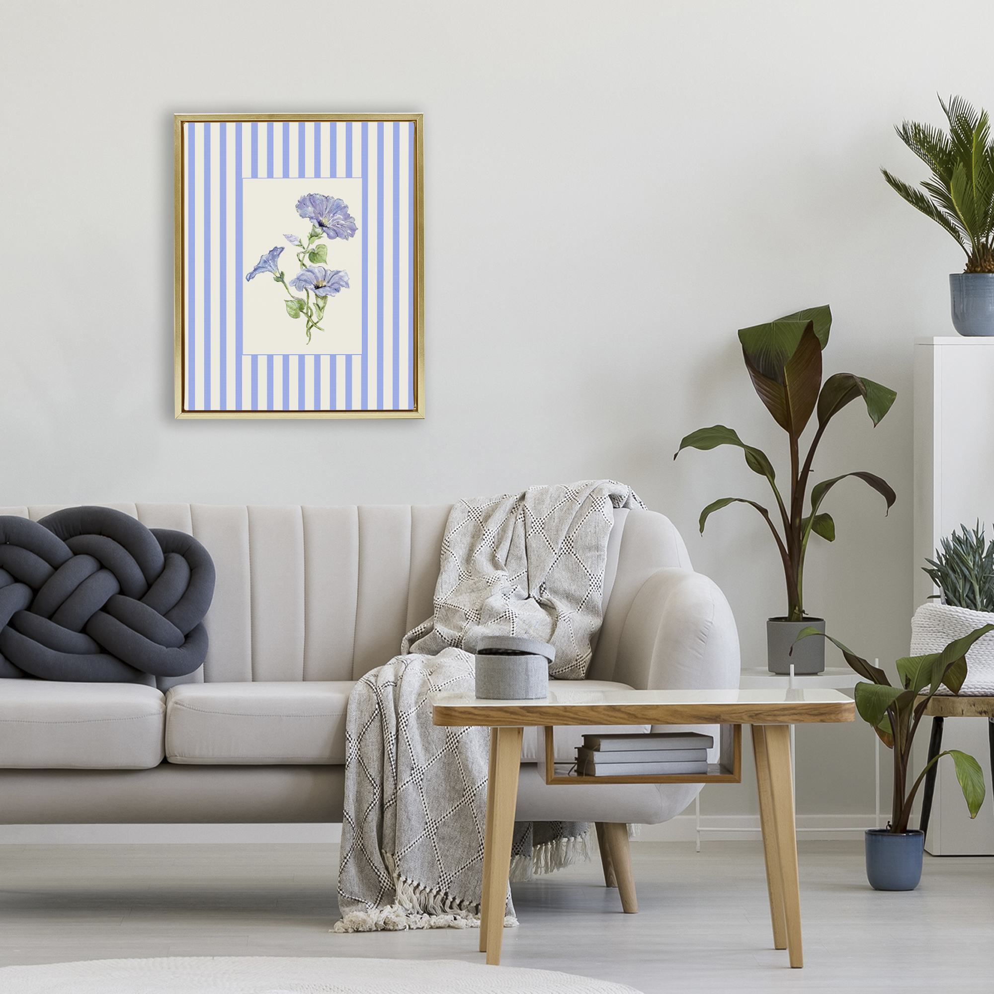 Blue Stripe Morning Glory Gold Framed Floater Canvas Wall Art, design by Lisa Wehmeyer