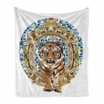 thumbnail image 1 of Tiger Soft Flannel Fleece Throw Blanket, Large Cat Crossing from Vintage Frame Japanese Design Exotic Adventure, Cozy Plush for Indoor and Outdoor Use, 50" x 60", Royal Blue Pale Brown, by Ambesonne, 1 of 6