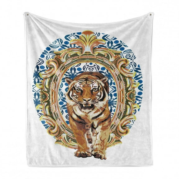 Tiger Soft Flannel Fleece Throw Blanket, Large Cat Crossing from Vintage Frame Japanese Design Exotic Adventure, Cozy Plush for Indoor and Outdoor Use, 60" x 80", Royal Blue Pale Brown, by Ambesonne