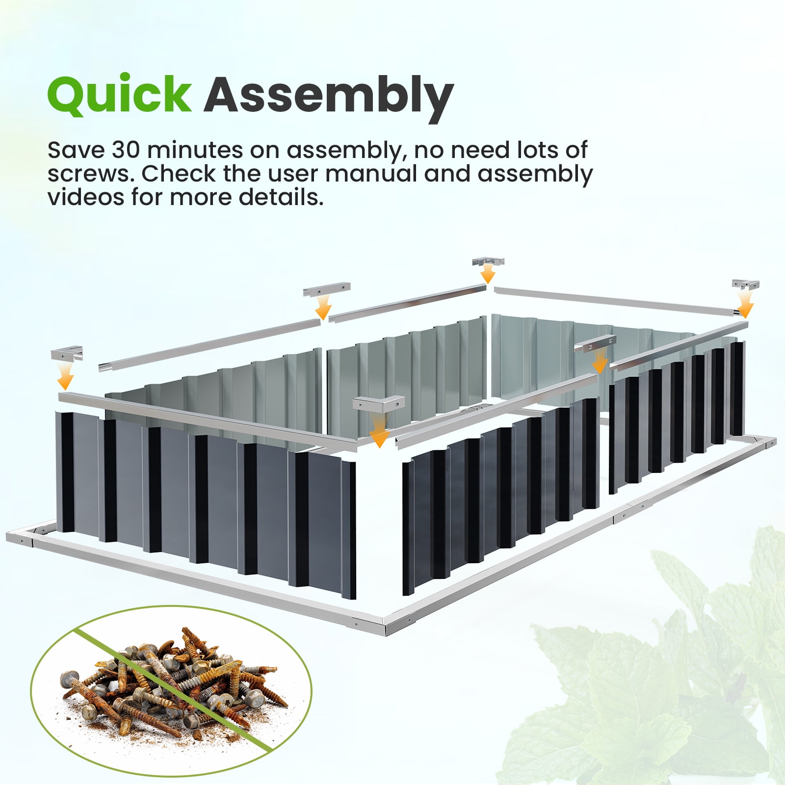 KING BIRD Raised Garden Bed 68" Lx 36" Wx 12" H Galvanized Garden Planter Box Kit Dark Gray 6x3x1ft