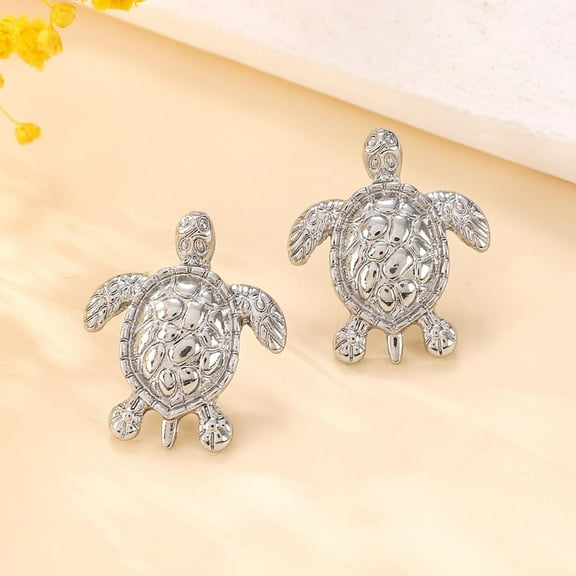 1 Pair Sea Turtle Stud Earrings Silver Polished Sea Turtle Stud Earrings Unique Design Earrings Creative Personal Earrings Trendy Simple Earrings for Women Birthday Festival Elegant Platinum