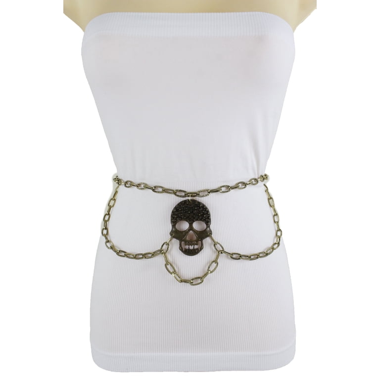 Women Gold Metal Chain Gothic Belt Skull Skeleton Charm M L  display picture 3