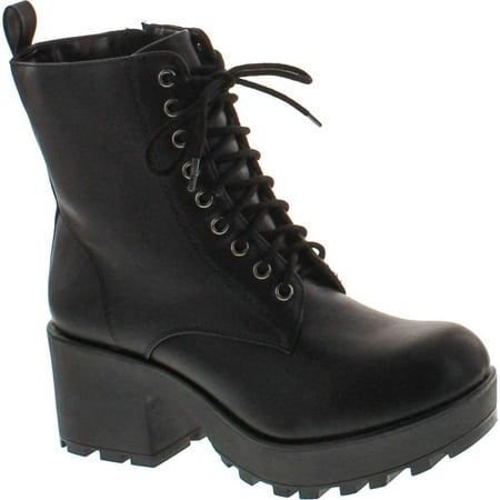 

Soda Women s Magpie Faux Leather Lace-Up Combat Mid Heel Military Ankle Boots Black 7