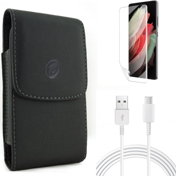 Case Belt Clip & 10ft USB-C Cable & Matte Screen Protector for Samsung Galaxy S22 Plus (S22+) - Combo Leather Holster Cover & Type-C Charger Cord Power & TPU Film Anti-Glare