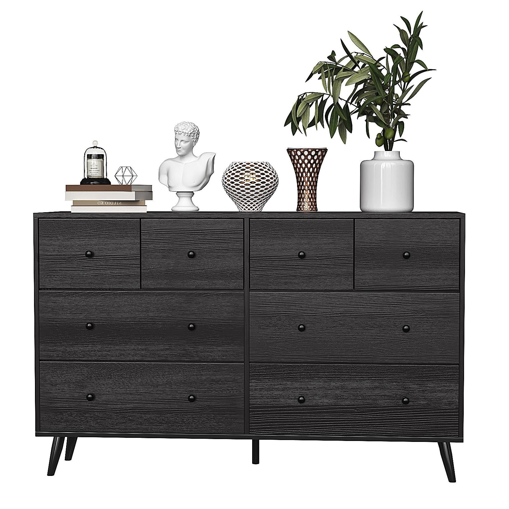 Resenkos Modern 8 Wide Drawer Long Dresser Chest of Drawers Wooden Storage Organizer Cabinet for Bedroom Black