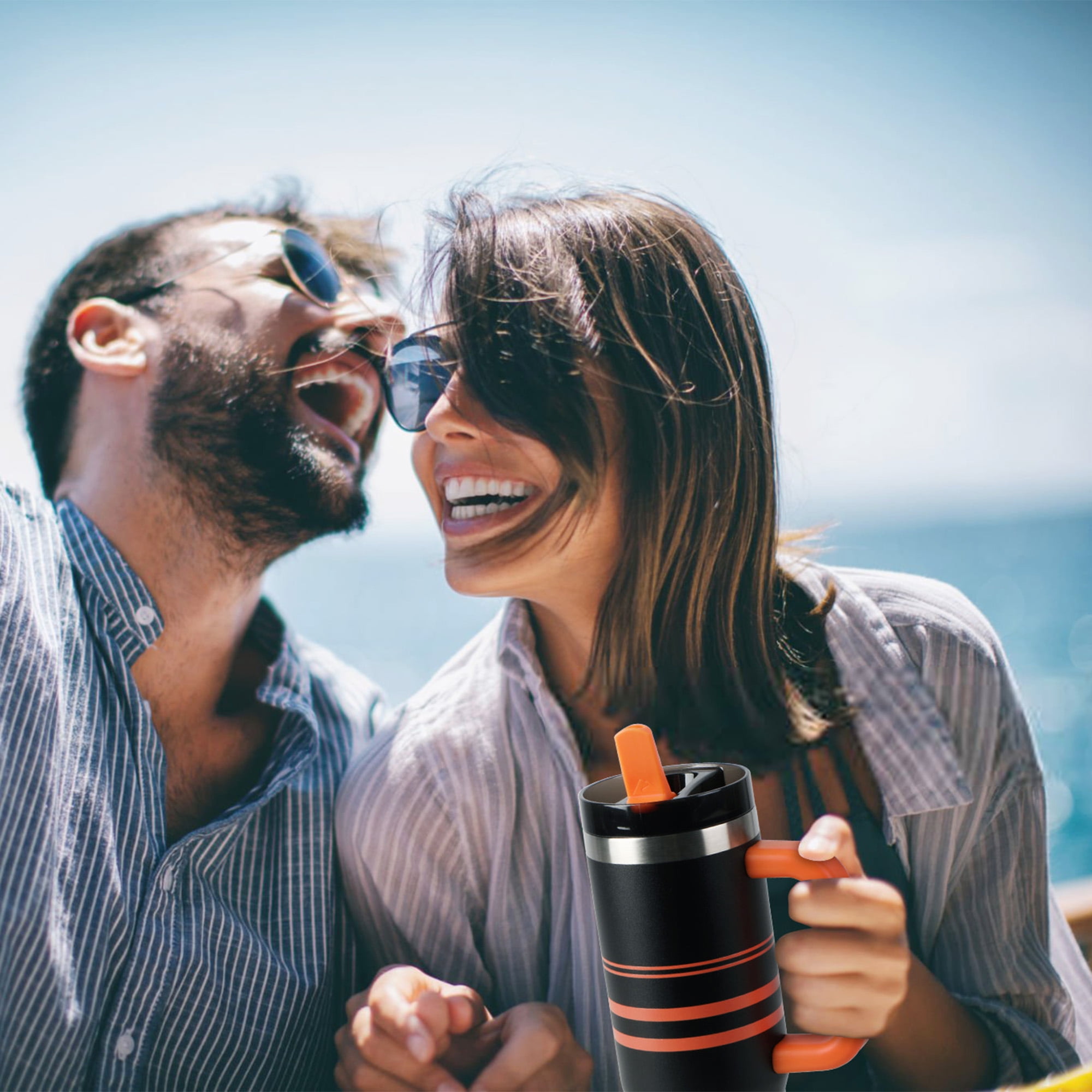Ozark Trail 30 oz Stainless Steel Insulated Varsity Tumbler with Handle, Black and Orange Stripe