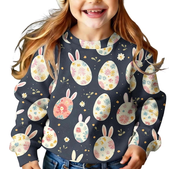 Girls Easter Sweatshirt Bunny Egg Print Long Sleeve Crewneck Pullover Multicolor Spring Tops for Kids 1-15 Years,Size 2-3T