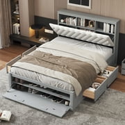 Euroco Wood Queen Platform Bed with Storage Headboard, Drawer and Shoe Cabinet for Living Room, Gray