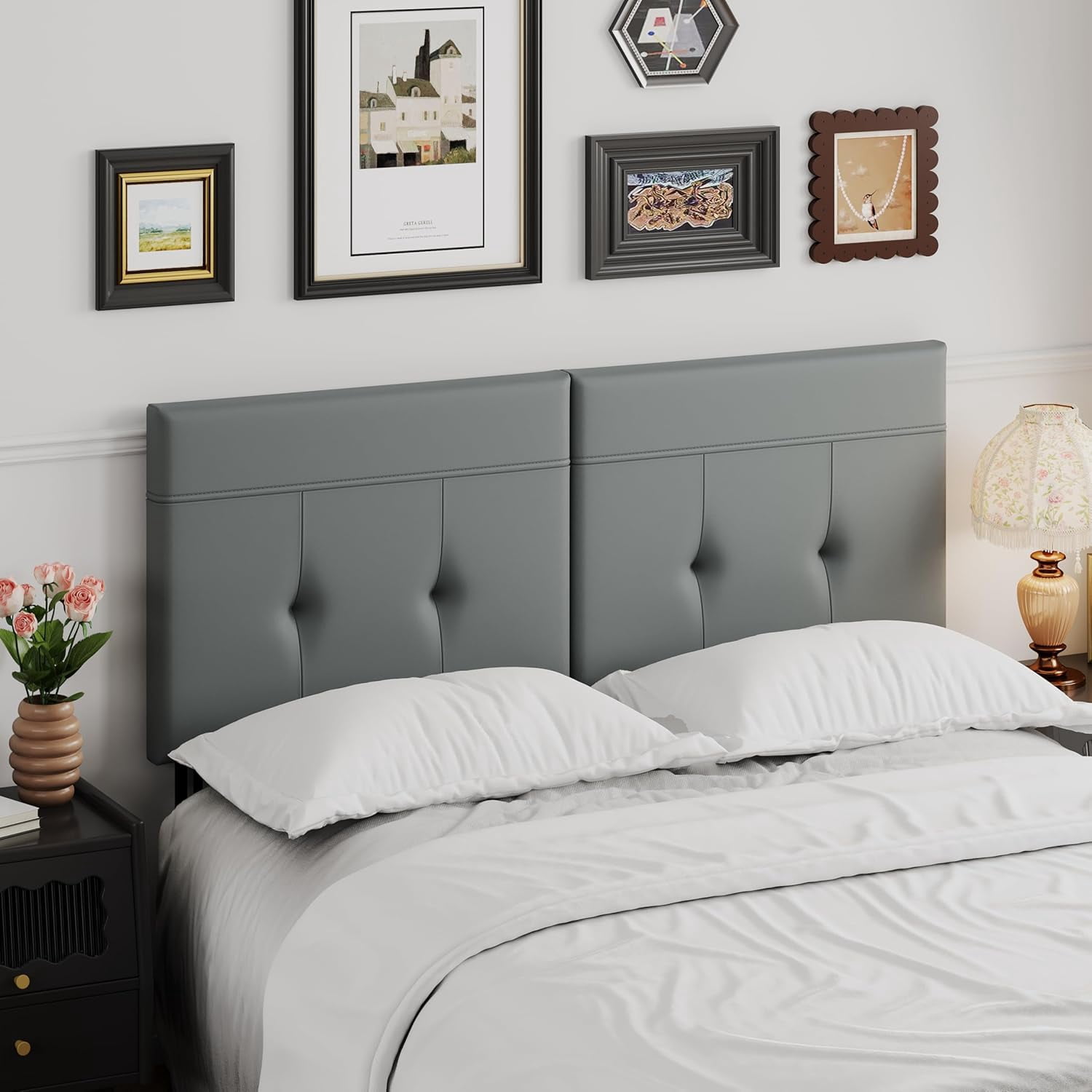 Andeworld Upholstered Tufted Queen Size Headboard,PU Leather Wood Head Board with Metal Legs, Adjustable Height from 42” to 56”, Bed Headboard in Modern Design,Backboard for Bed, Grey