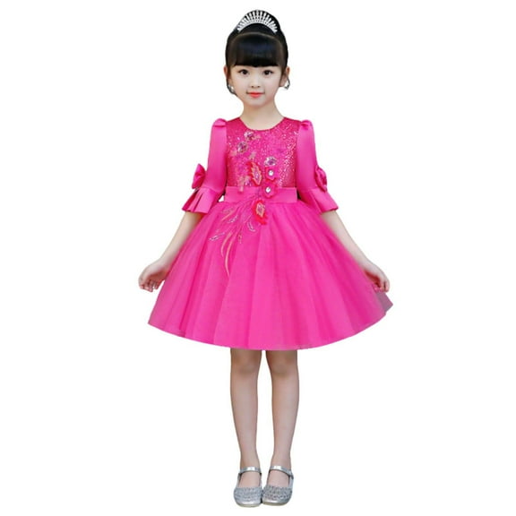 IVEYRTF Childrens Solid Color Sequin Performance Dress Christmas Round Neck Mesh Dress Formal Party Gown for Girls Stage Birthday Celebration Outfit(Hot Pink,7 Years)