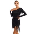 thumbnail image 4 of Aiihoo Women Off Shoulder Rhinestone Mesh Patchwork Latin Dance Dress Tassel Salsa Cha Cha Dance Dress Black M, 4 of 7