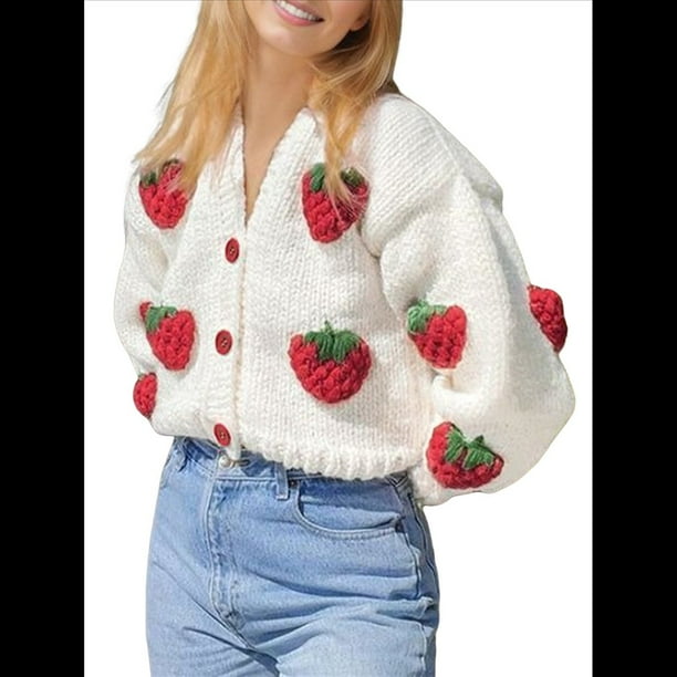 Cárdigan de Punto Grueso con Cuello en V y Larga con Bordado de Fresas Kawaii para Mujer Fresa Roja L