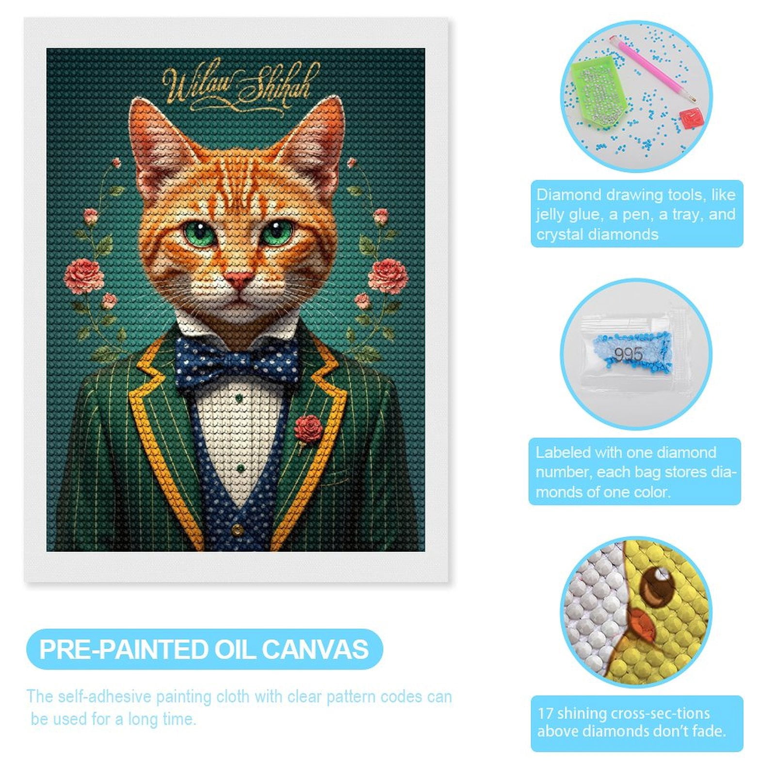 Diamond Art Kits for Adults, Smart Feline Suit Bow Floral Background 5D Diamond Painting Kits for Adults Beginners, DIY Full Drill Diamond Painting, Gem Art and Crafts 12x16