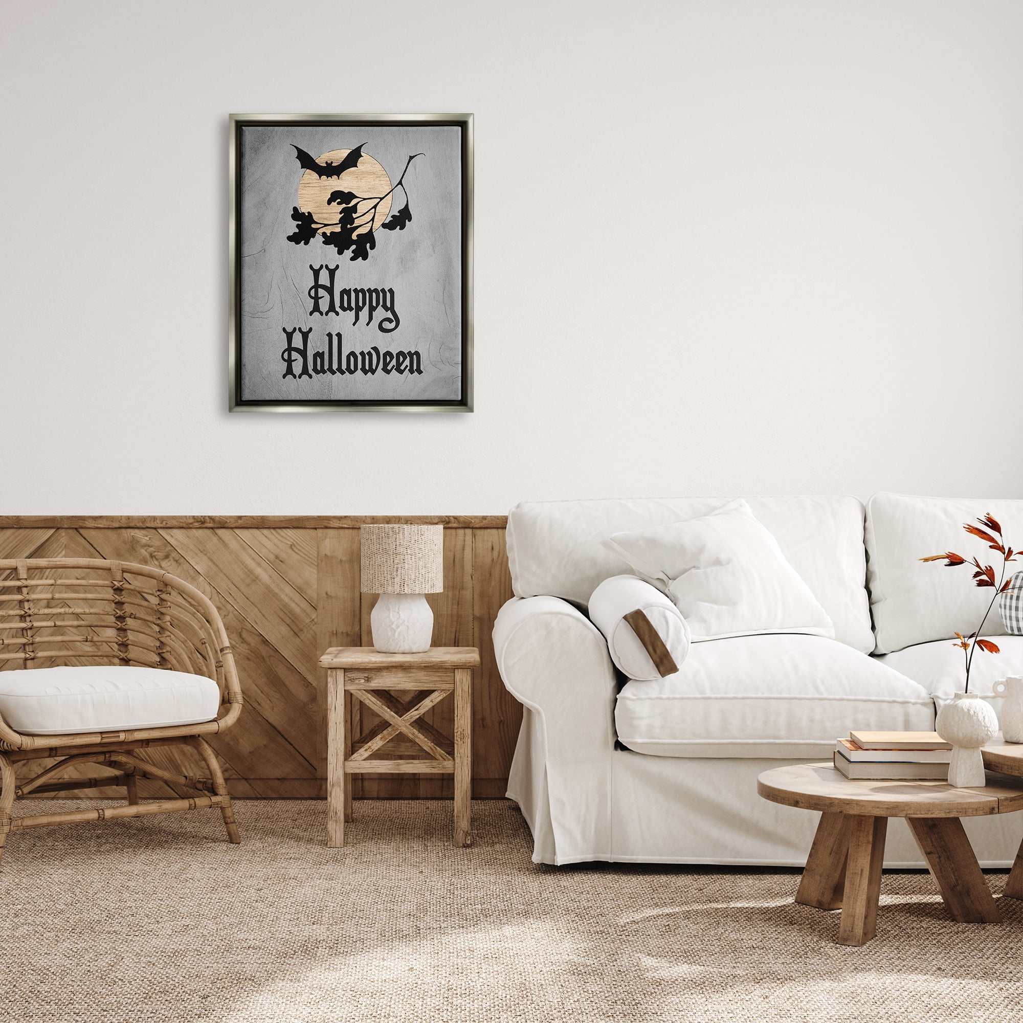 Stupell Industries Happy Halloween Bats Holiday Painting Gray Floater Framed Canvas Art Print Wall Art, 25 x 31