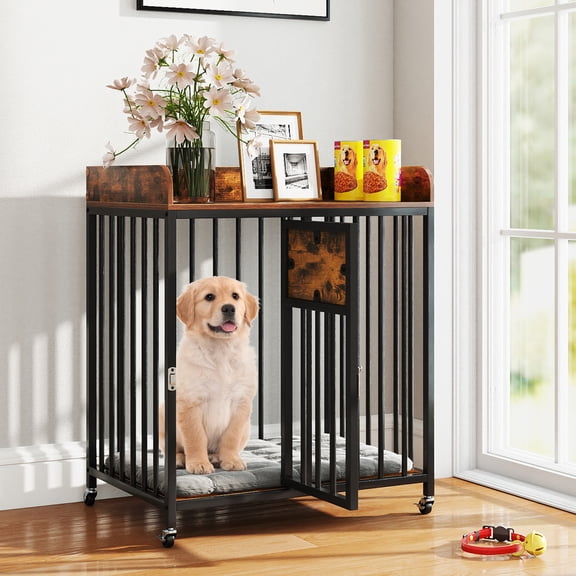Rustic Brown 27.5 Inch Dog Crate Furniture with Wheels, Metal Tubes, Lockable Door, Tabletop