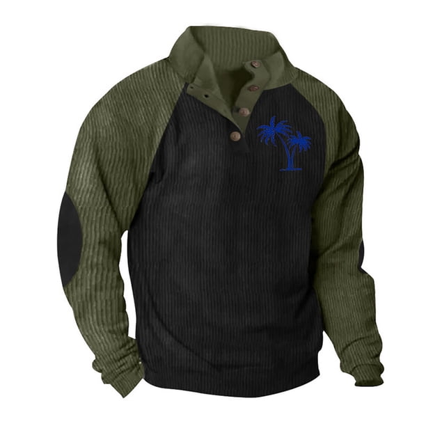 Blusa y camisa de manga larga con cuello alto para hombre, estilo casual, con estampado de palmeras color cacao, deportiva, con cuello alto, botones y patchwork, de poliéster.