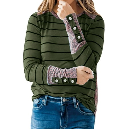 

QYZEU Shirts Long Sleeve Women Under Scrub Women Long Sleeve Shirts Ladies Round Neck Long Sleeve Button Top Leopard Stitching Pullover Casual T Shirt