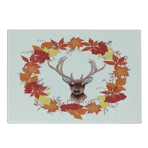 Fall Cutting Board, Reindeer Head in Rounded Floral Wreath Frame Made with Aesthetic Fall Leaves Print, Decorative Tempered Glass Cutting and Serving Board, Small Size, Brown Orange, by Ambesonne