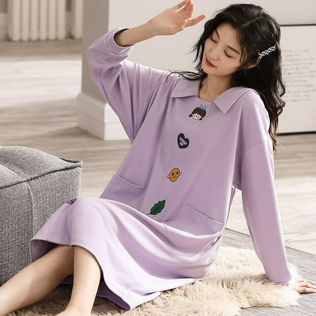 

QWZNDZGR Autumn Pure Cotton Night Dress Cartoon Bear Womens Nightgowns Plaid Sleepshirts Girls Nightgowns Kawaii Homewear Home Nightdress