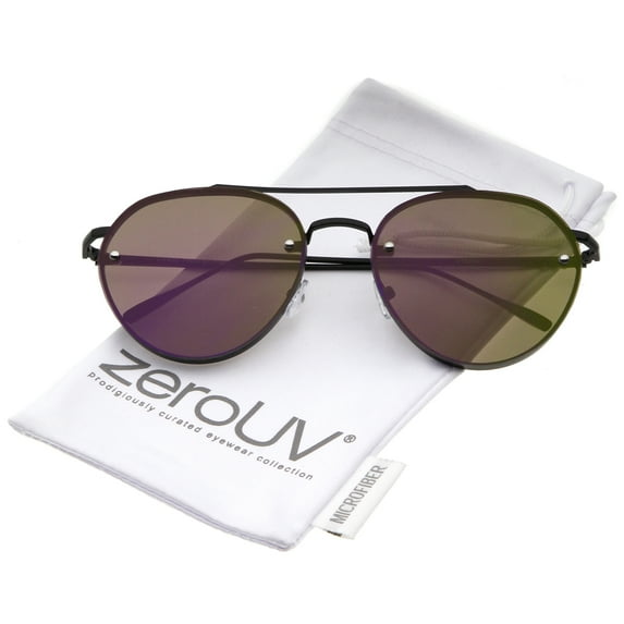zeroUV Unisex Modern Slim Temple Brow Bar Rimless Colored Mirror Flat Lens Aviator Sunglasses 59mm (Black / Purple Mirror) - 59mm