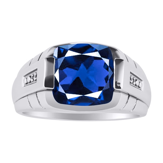 RYLOS Cushion Shape Checker Top 12MM Sapphire Color Stone & Diamonds Set in 14K White Gold Size 13