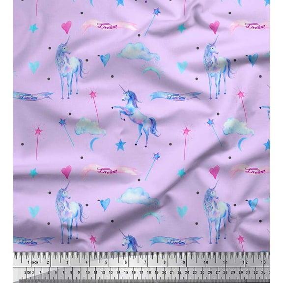 Soimoi Purple polyester Crepe Fabric Cloud & Unicorn Animal Decor Fabric Printed Yard 42 Inch Wide