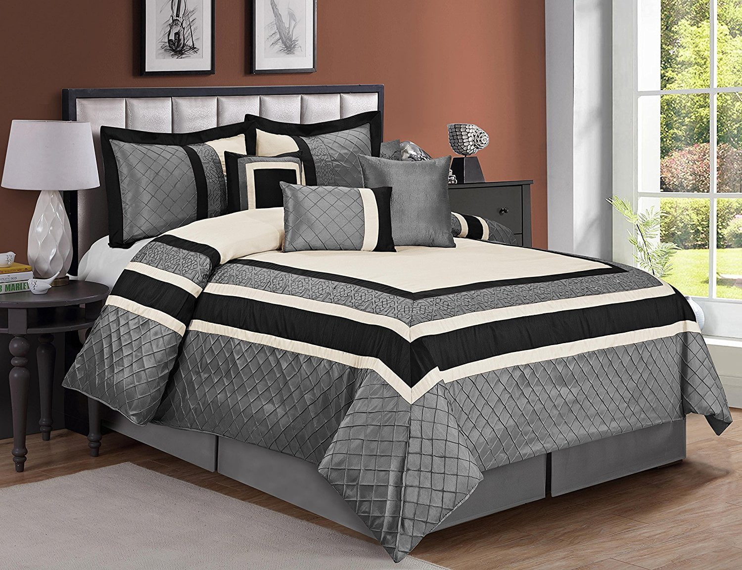 Hig 7 Piece Comforter Set King Gray Series Patchwork Diamond Pintuck